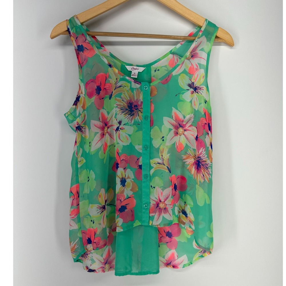 Candie's Tank Top Women S Green Floral Sheer High Low Button Front Blouse Summer